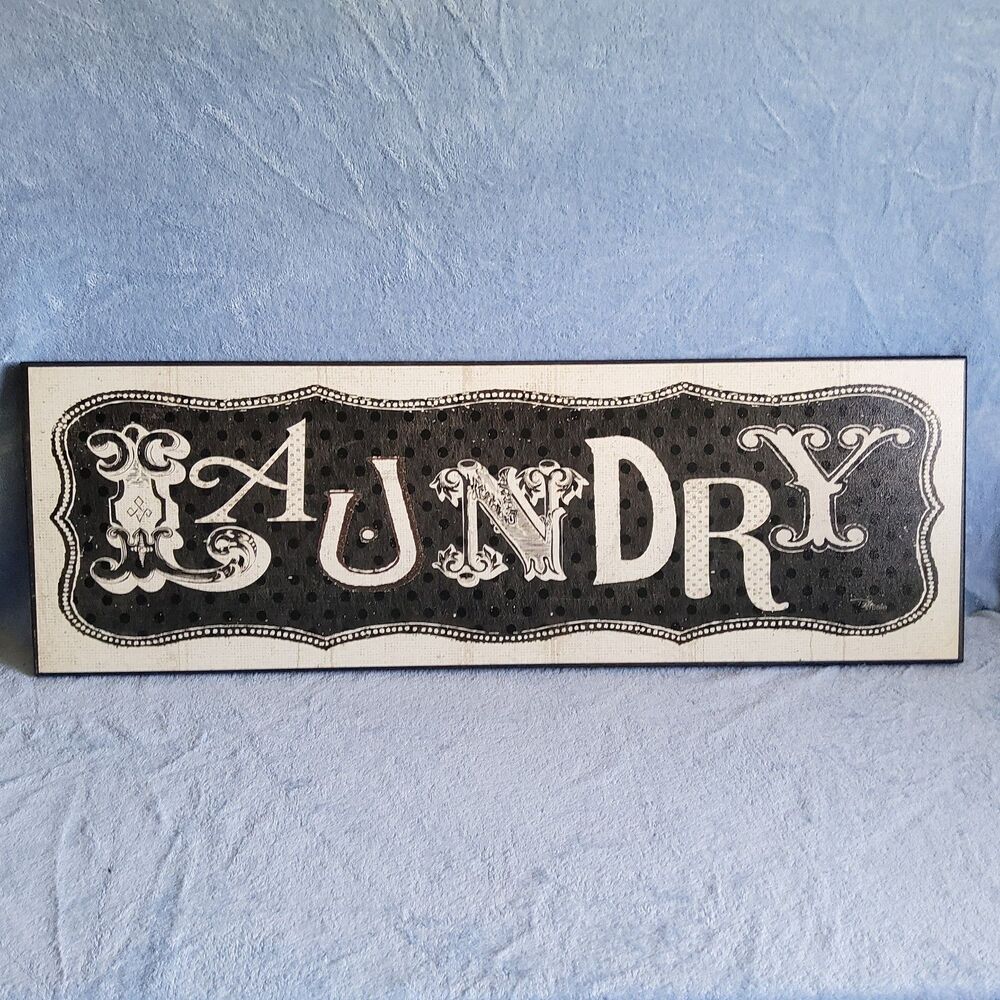 Hobby Lobby Pela Studio Laundry Wood Wall Sign Art Plaque Black White 36x12